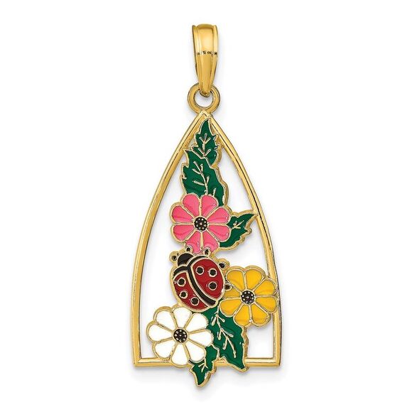 14k Yellow Gold Enameled Ladybug & Flowers Triangle Pendant,All Products : American Fashion Style Bags On Sale